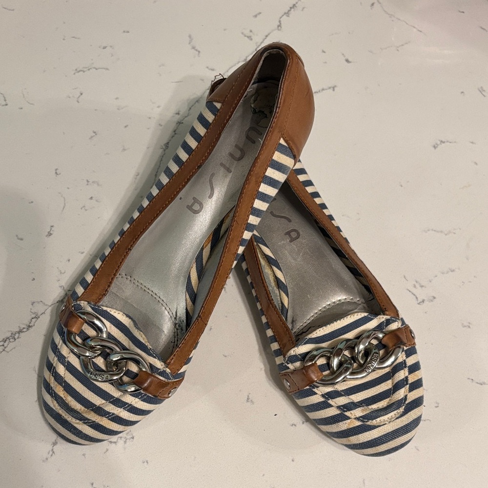 Unisa Navy and Tan Striped Loafers